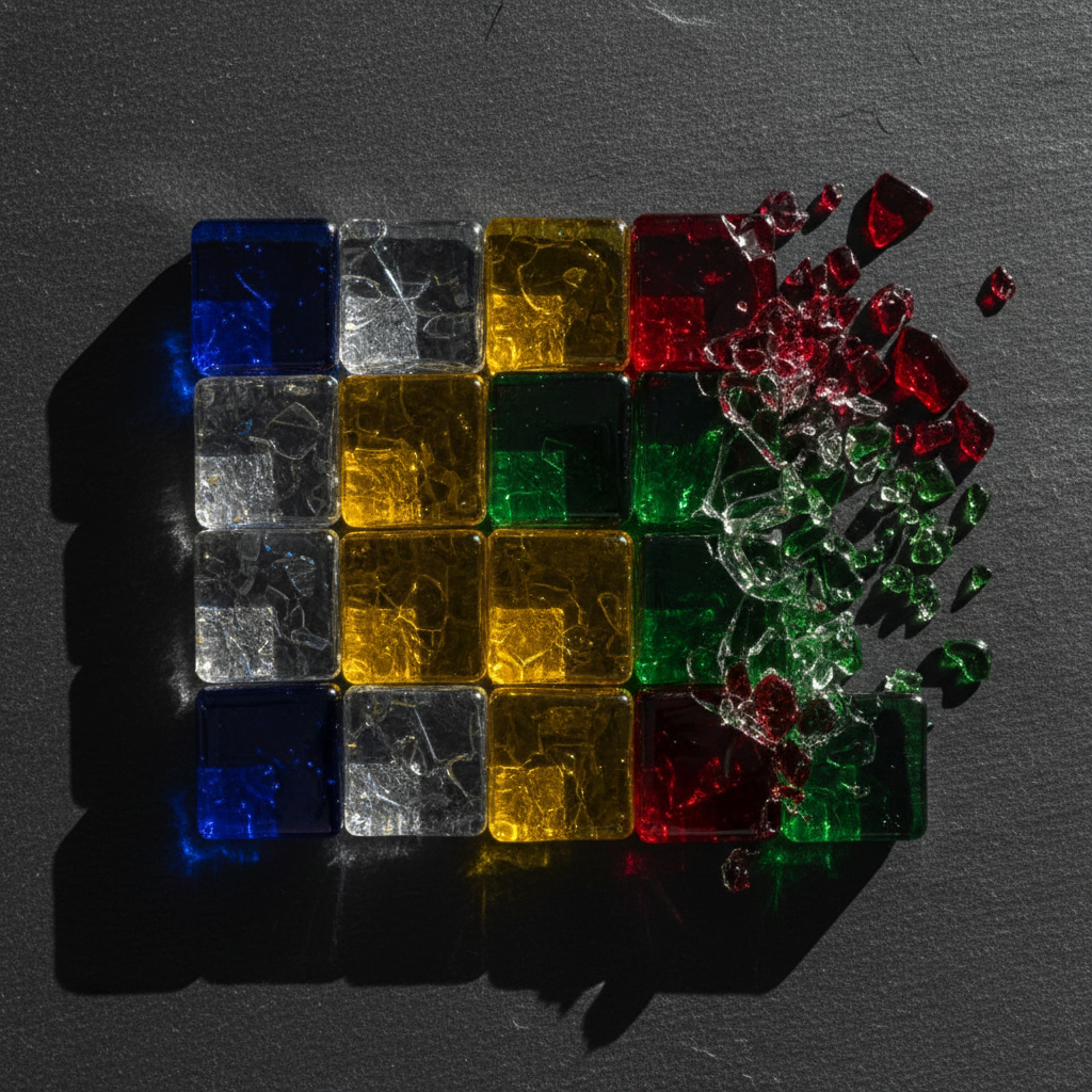 ARC puzzle grid rendered as physical glass tiles on dark surface, mid-transformation — left columns intact, right column shattering