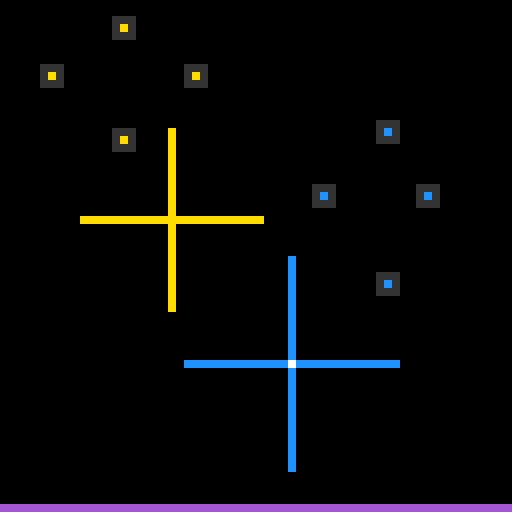 RE86 start state — two cross-shaped pieces on a dark grid.