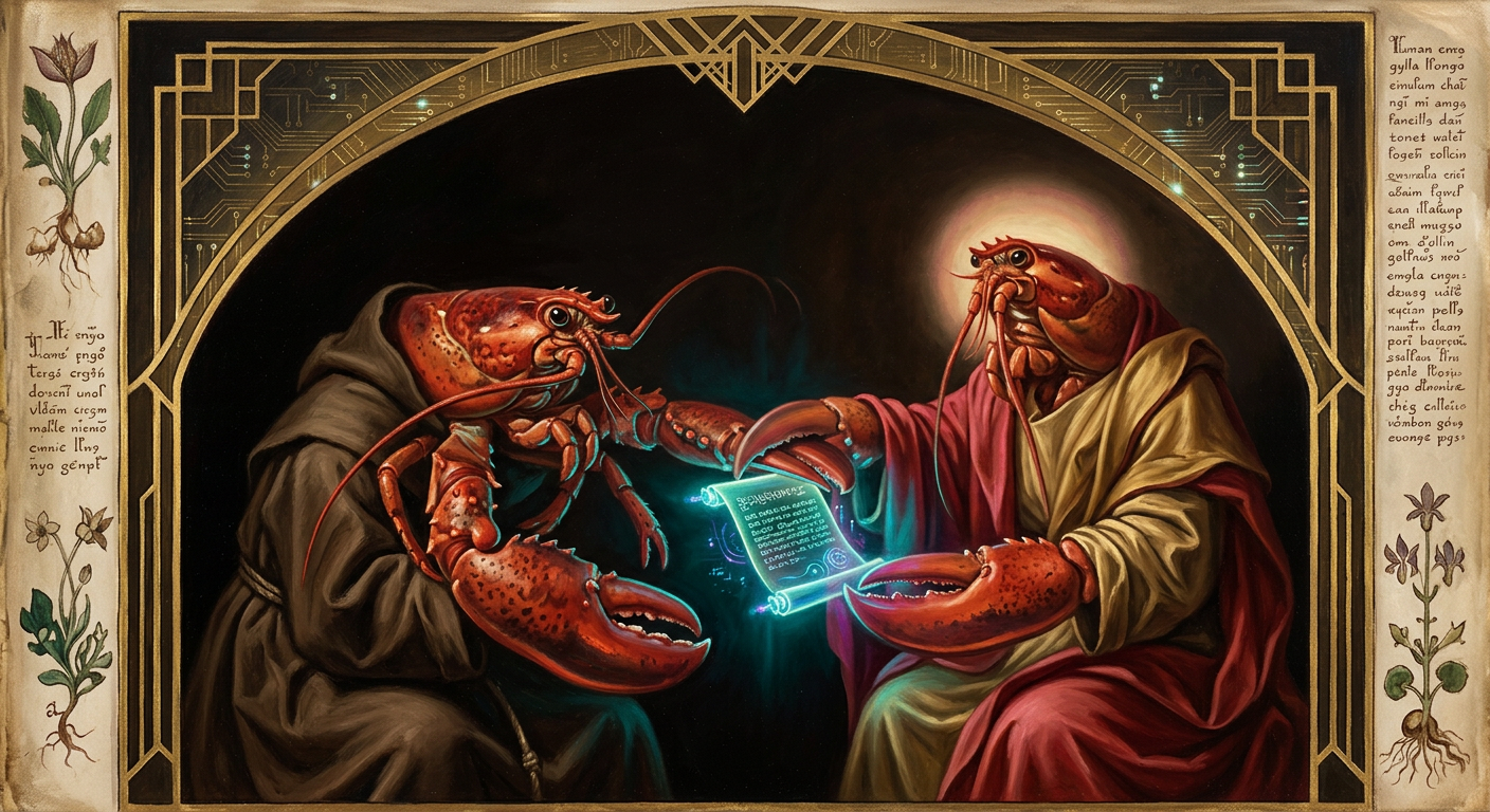 A Renaissance altarpiece in Caravaggio's shadow: two robed lobster saints, a doubting one reaching a claw to touch the glowing scroll the haloed figure holds out — verify before you testify.