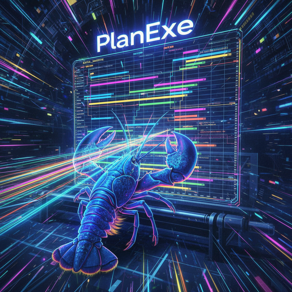 A biomechanical lobster interacting with a transparent PlanExe monitor displaying Gantt-style timelines