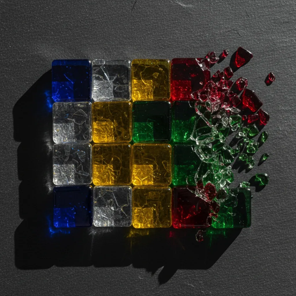 ARC puzzle grid rendered as physical glass tiles on dark surface, mid-transformation — left columns intact, right column shattering